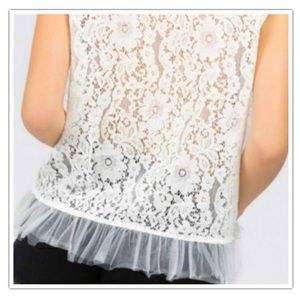 POL Lace Trim Ruffle Hem Button Detail Round Neck Sleeveless Top